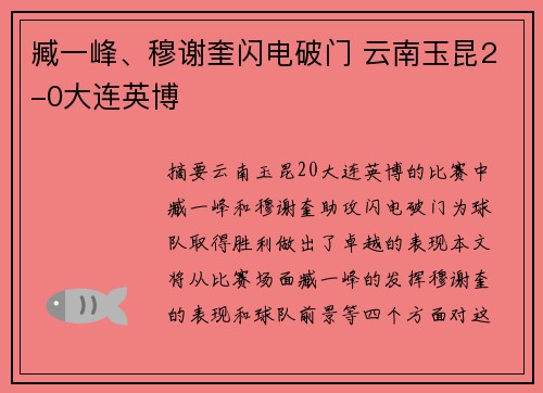 臧一峰、穆谢奎闪电破门 云南玉昆2-0大连英博